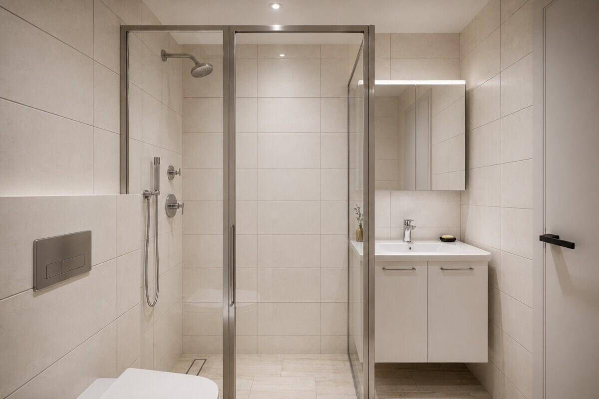 Helles Badezimmer mit moderner Duschkabine, Waschtisch und Spiegelschrank.