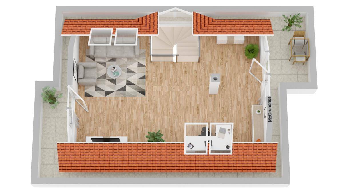 3D-Grundriss des Dachgeschosses mit offenem Wohnbereich und Dachschrägen.