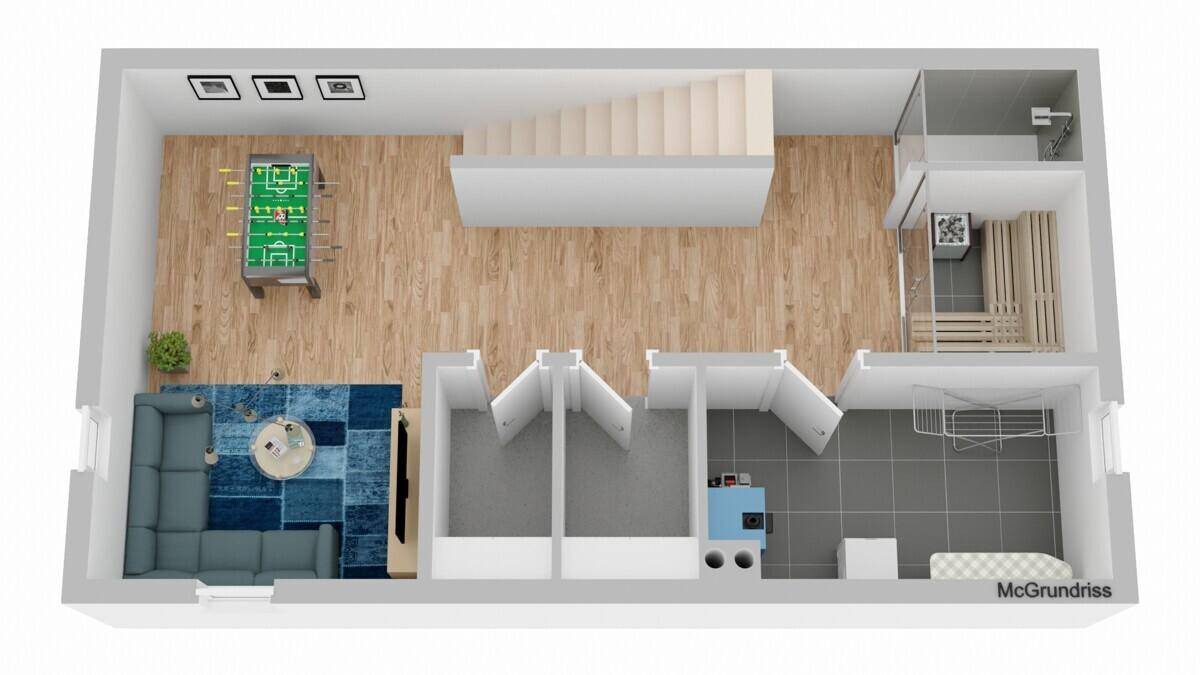 3D-Grundriss des Untergeschosses mit Sauna, Spielbereich und Wohnbereich.