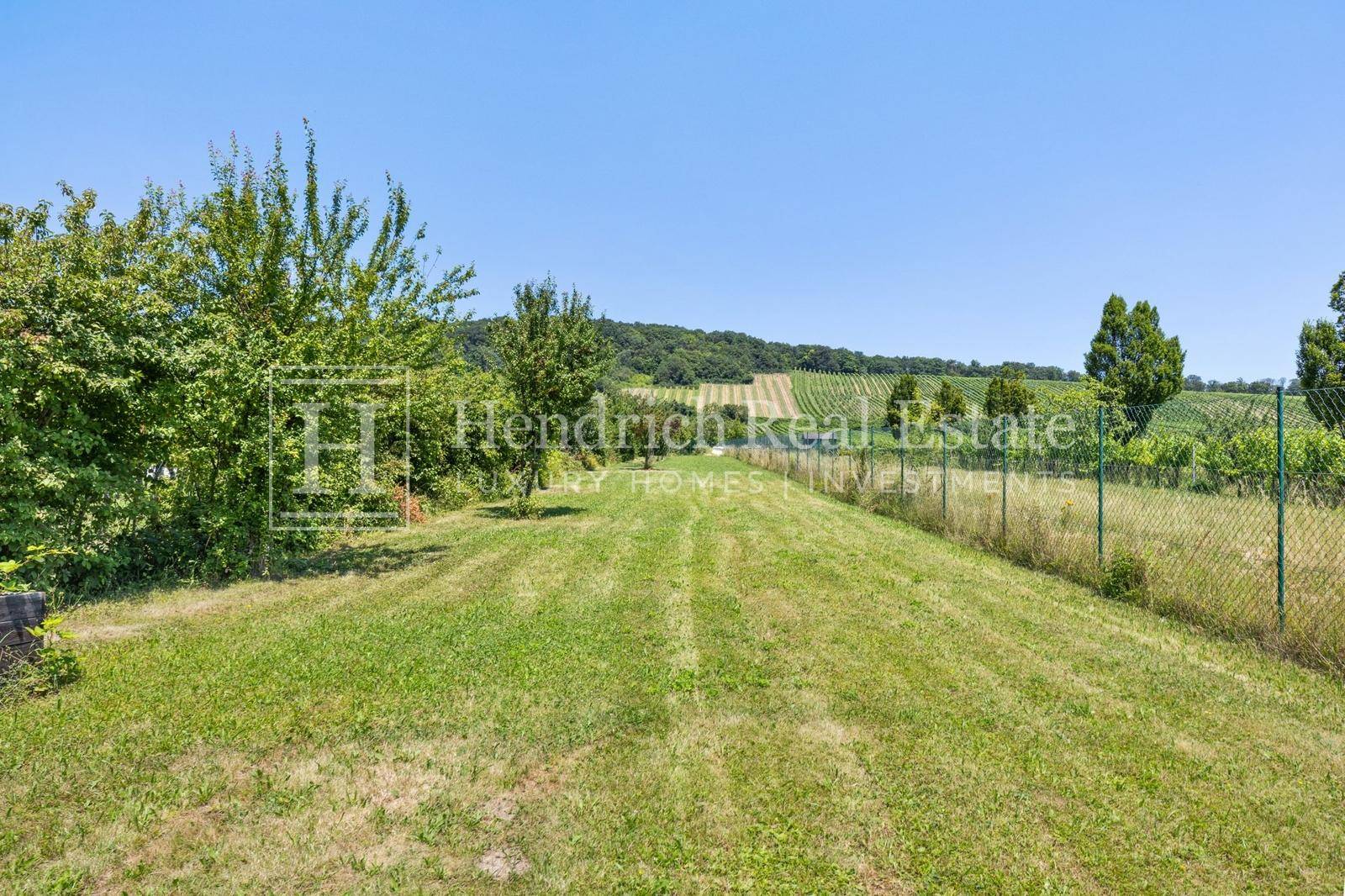 Großer Gartenbereich mit Rasenfläche und Blick auf die umliegenden Weinberge.