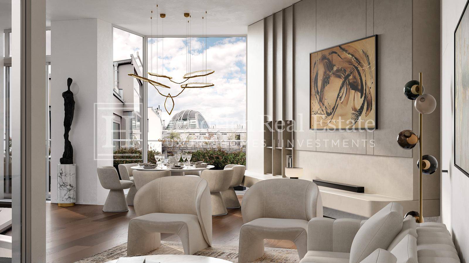 Eleganter Wohn- und Essbereich mit modernen Möbeln, Holzboden und weitem Stadtblick.