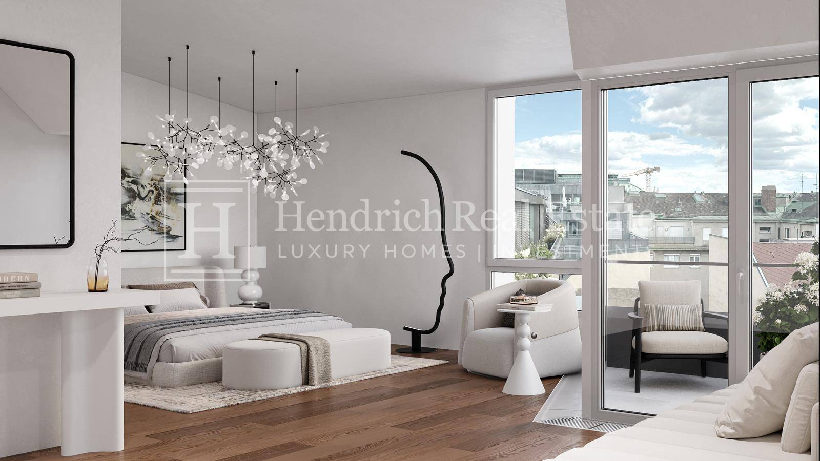 Helles Schlafzimmer mit modernem Design, großen Fenstern und einem Ausblick auf die Stadt.