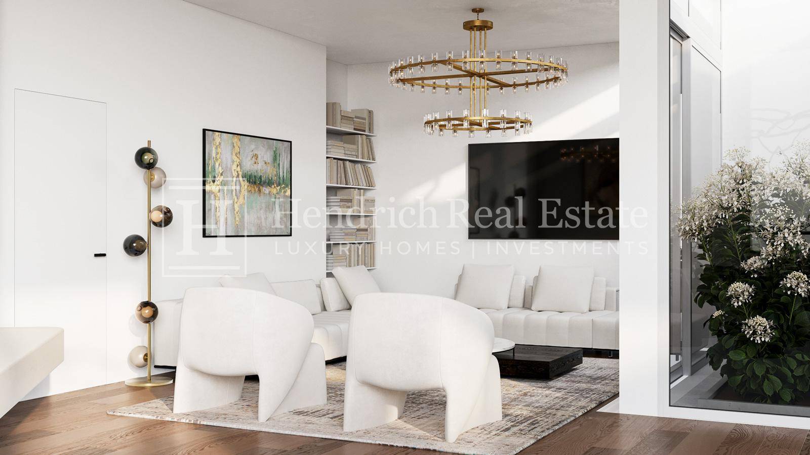 Stilvolles Wohnzimmer mit weißem Sofa, modernen Sesseln und dekorativer Beleuchtung.