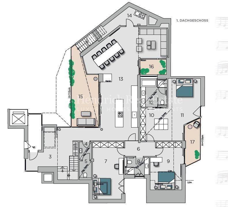 Grundriss eines Dachgeschosses mit mehreren Zimmern, Terrassen und offenem Wohnbereich.