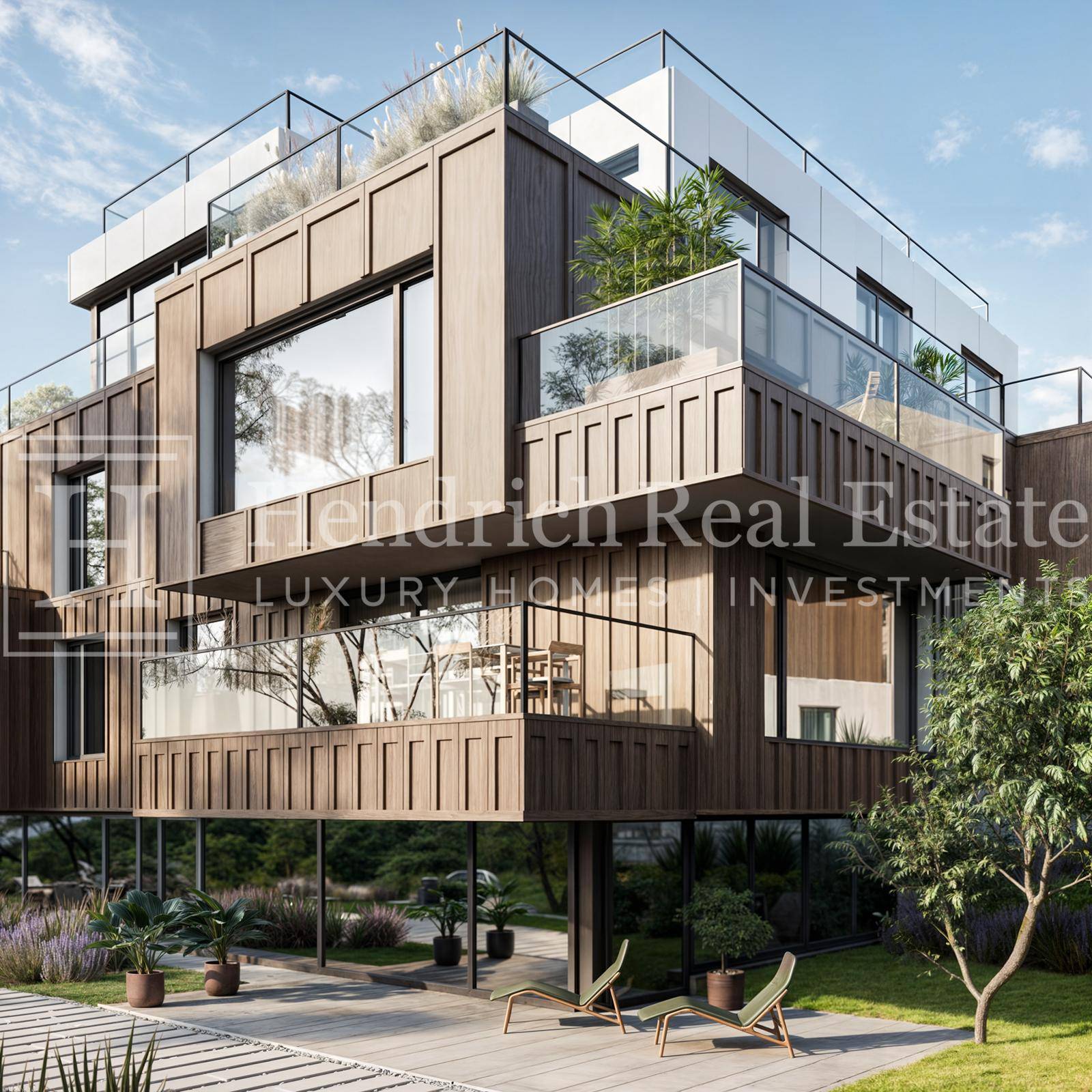 Zeitgenössisches Gebäude mit Holzverkleidung, großen Glasflächen und Terrassen in einer natürlichen Landschaft.