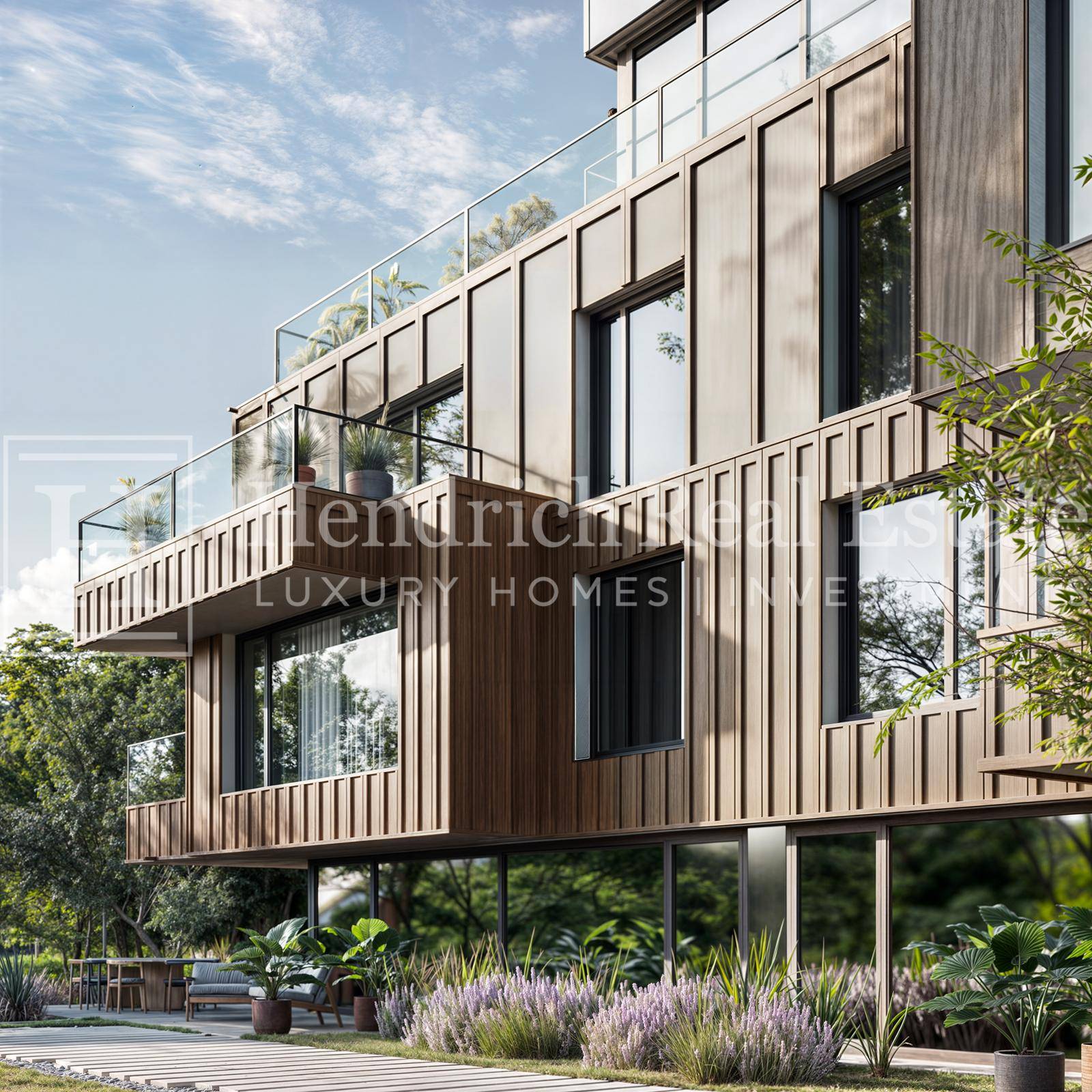 Moderne Architektur mit Holzfassade, großen Fenstern und Glasbalkonen in einer grünen Umgebung.