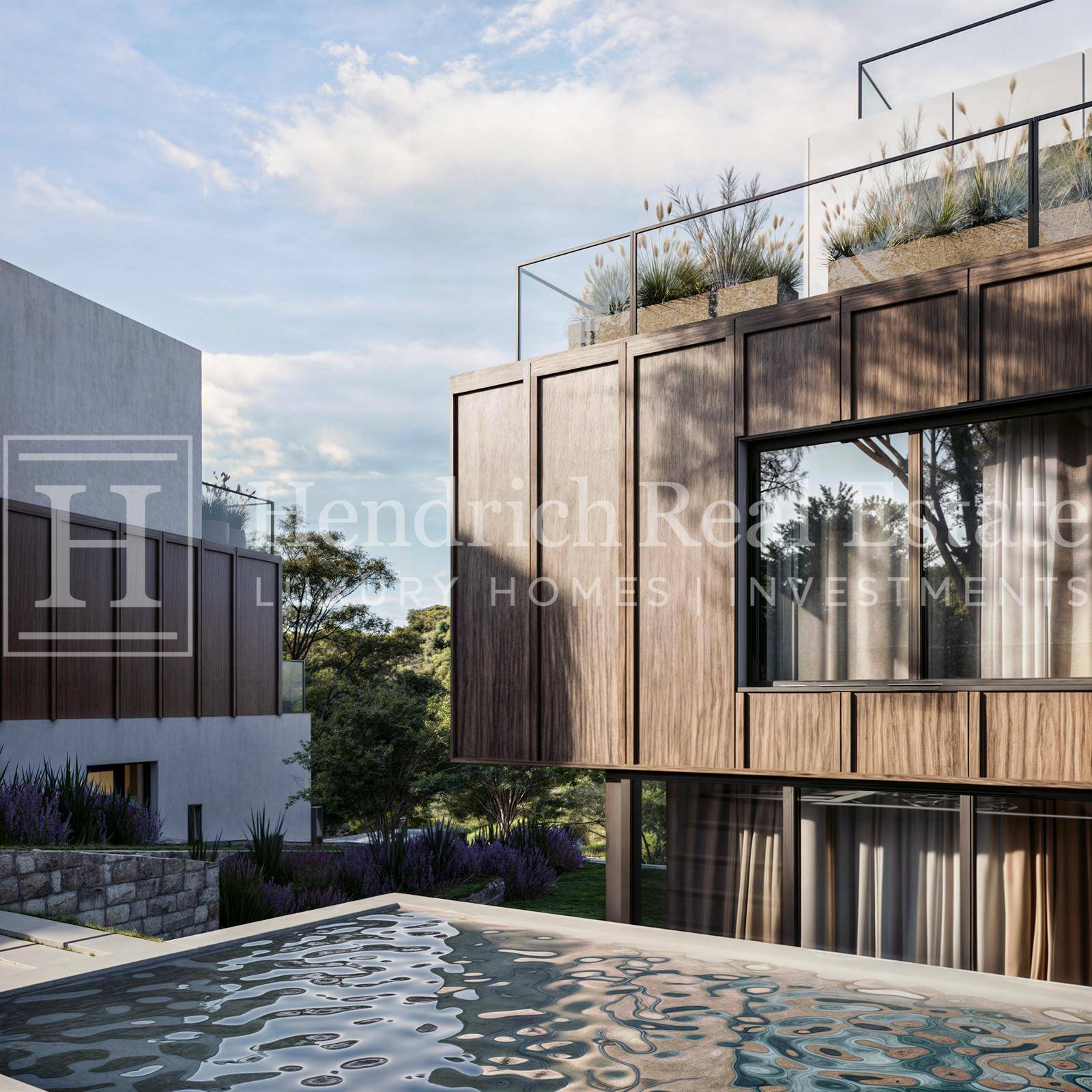 Moderne Gebäudefassade mit Holzdetails und einem eleganten Außenpool in einer ruhigen Umgebung.