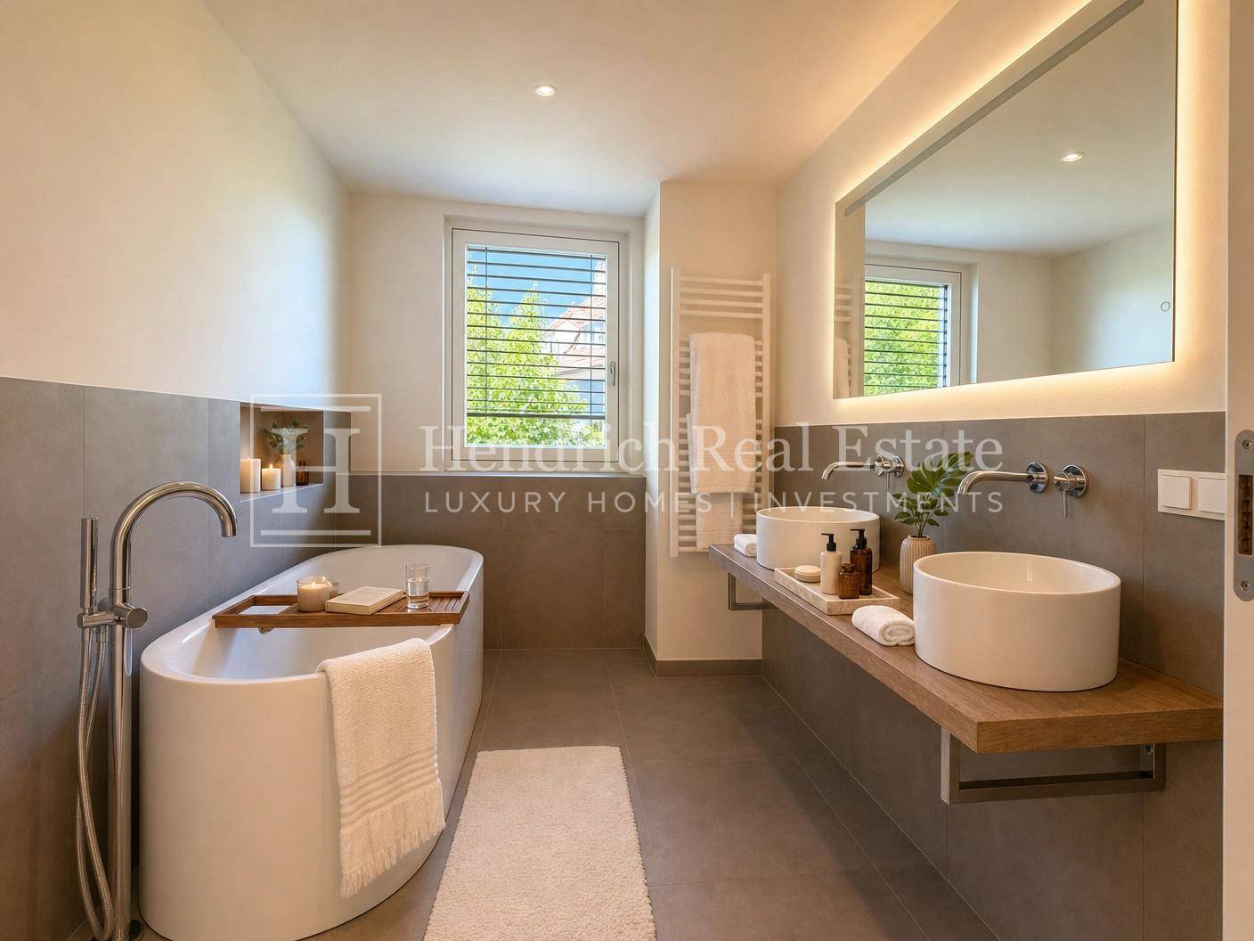 Luxuriöses Badezimmer mit freistehender Badewanne, Doppelwaschbecken und beleuchtetem Spiegel.