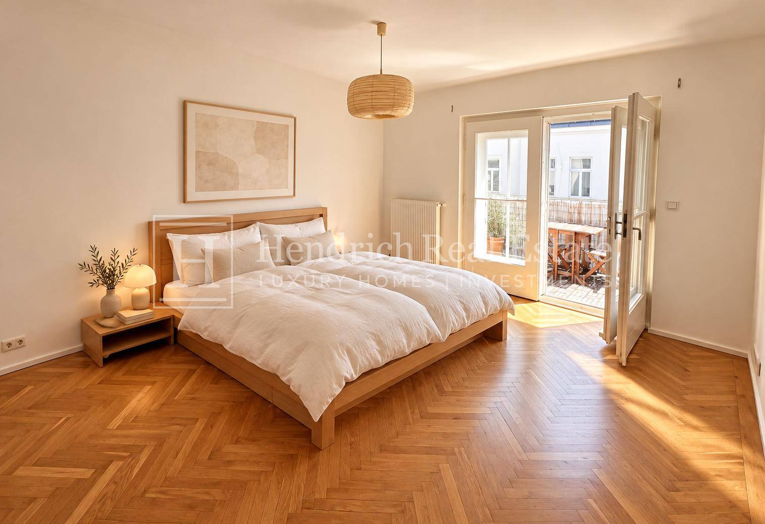 Geräumiges Schlafzimmer mit Holzbett, Parkettboden und direktem Zugang zu einem Außenbereich.