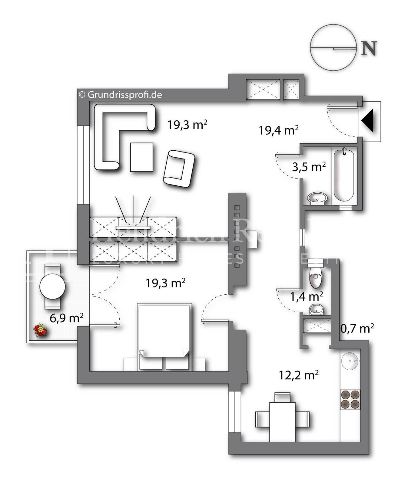 Übersichtlicher Grundriss mit offenem Wohnbereich, Schlafzimmer und zwei Bädern.
