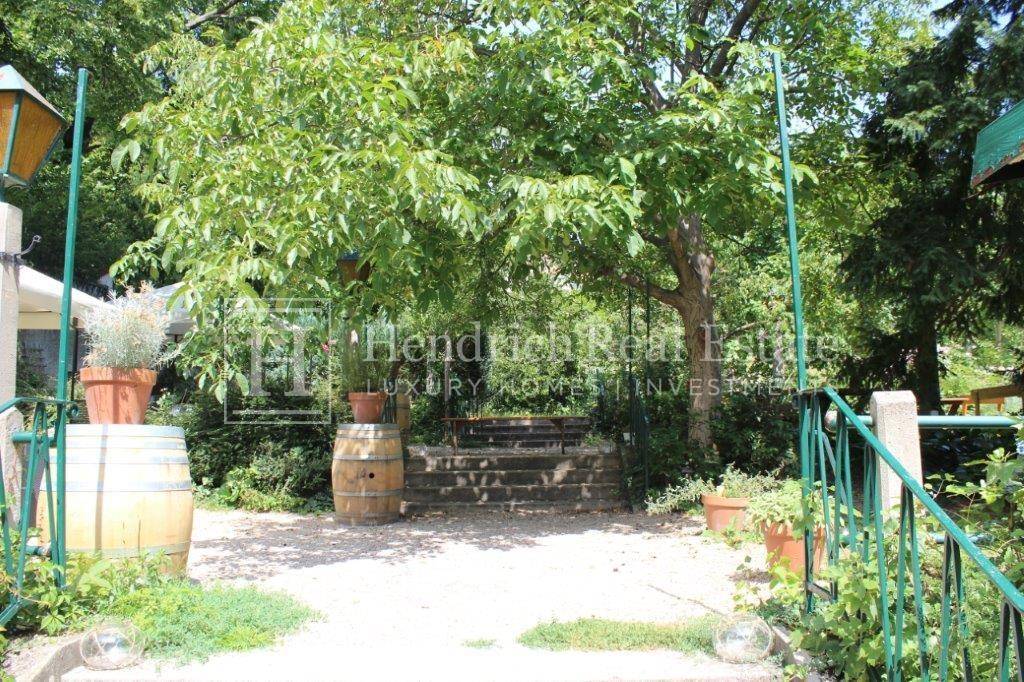 Schattiger Gartenweg mit alten Bäumen, dekorativen Holzfässern und einer einladenden Sitzbank.