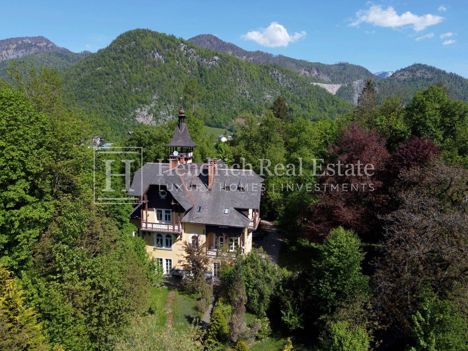 Malerische Luftaufnahme der Villa mit majestätischem Bergblick im Hintergrund.