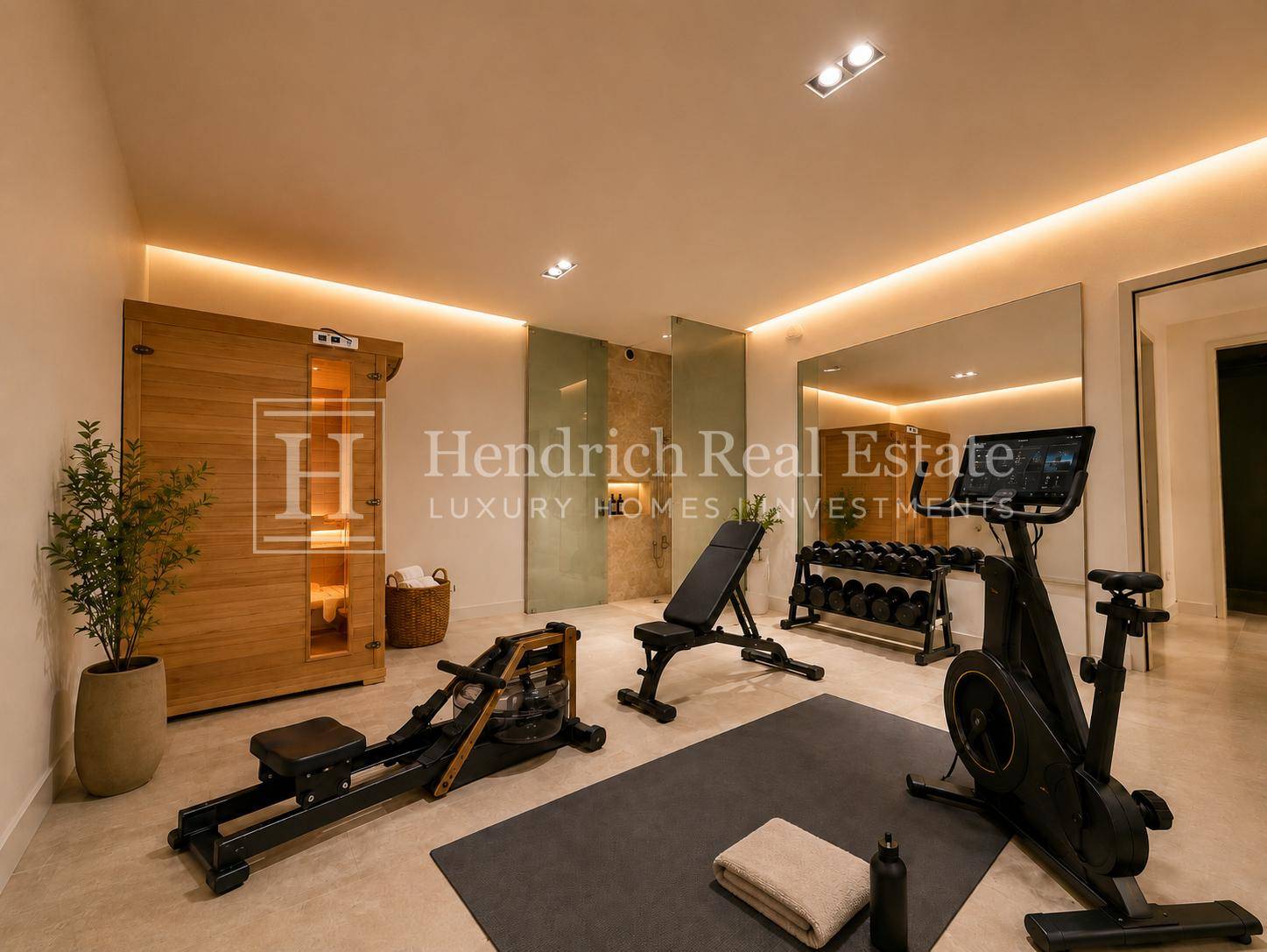 Privater Fitnessraum mit modernen Trainingsgeräten und integrierter Sauna für Wellness.