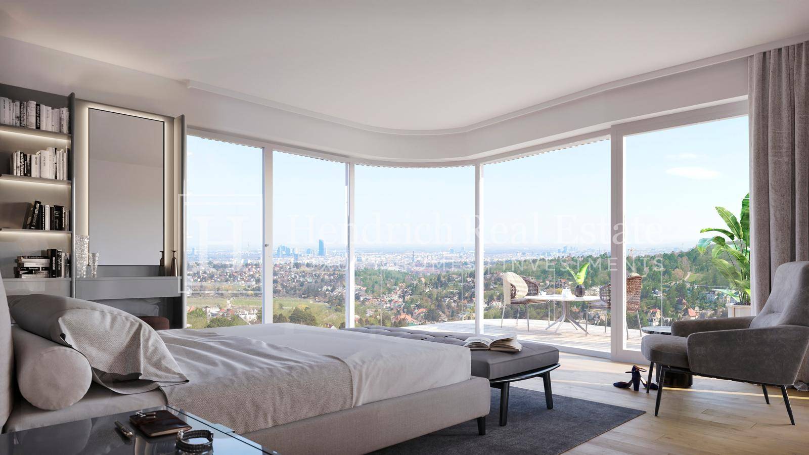 Modernes Schlafzimmer mit raumhohen Fenstern, Panoramablick auf die Stadt und Zugang zum Balkon.