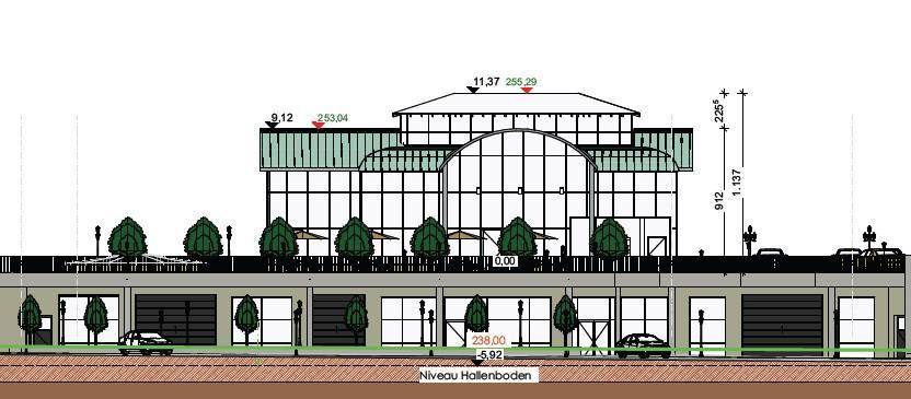 Architektonische Ansicht des Gebäudes mit Höhenangaben und Fassadendetails.