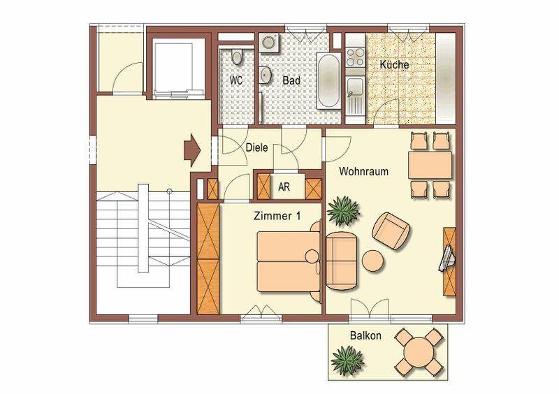 Detaillierter Grundriss einer Wohnung mit offenem Wohnbereich, Küche, Bad, WC und Balkon.