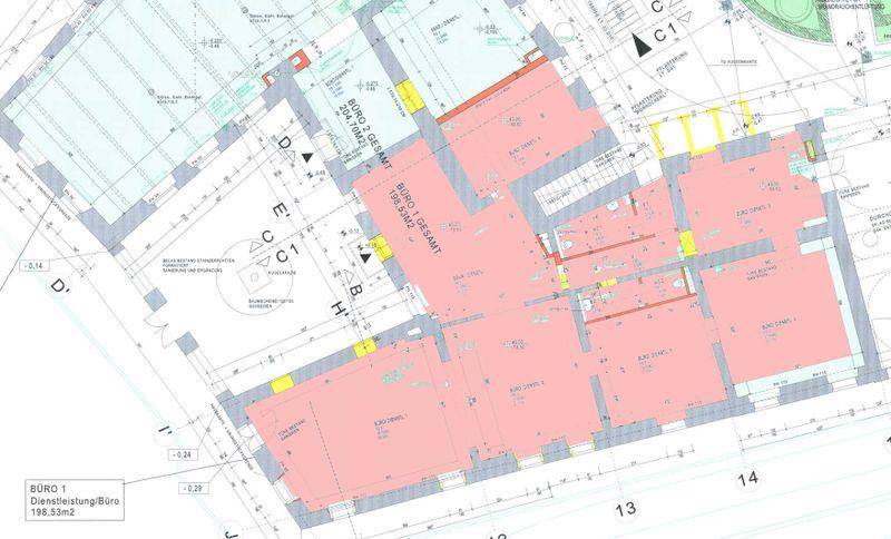 Detaillierter Grundrissplan mit hervorgehobenen Büroflächen und Raumaufteilung.