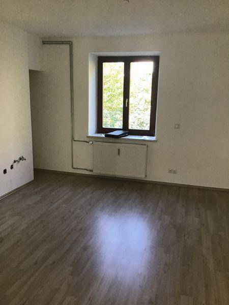 Leerer Raum mit Laminatboden, einem Fenster mit Blick ins Grüne und einem Heizkörper unter dem Fenster.