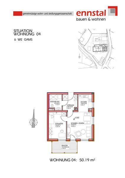Grundriss einer Wohnung mit zwei Schlafzimmern, offenem Wohn-Essbereich und Zugang zum Balkon.