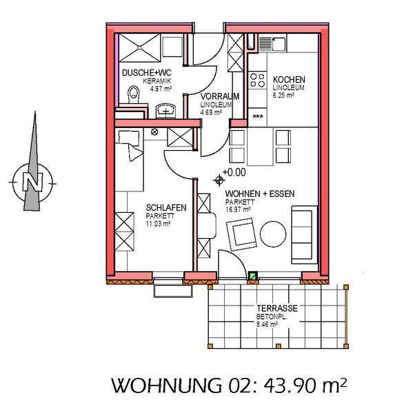 Grundriss einer Wohnung mit offenem Wohn-Essbereich, Schlafzimmer, Bad und Terrasse.