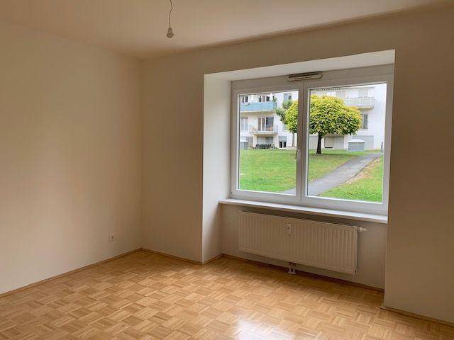 Leeres Zimmer mit Parkettboden und Fenster mit Blick auf eine grüne Außenanlage.