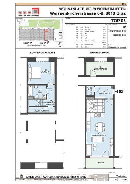 Detaillierter Grundriss einer Wohneinheit mit zwei Ebenen und Balkon.