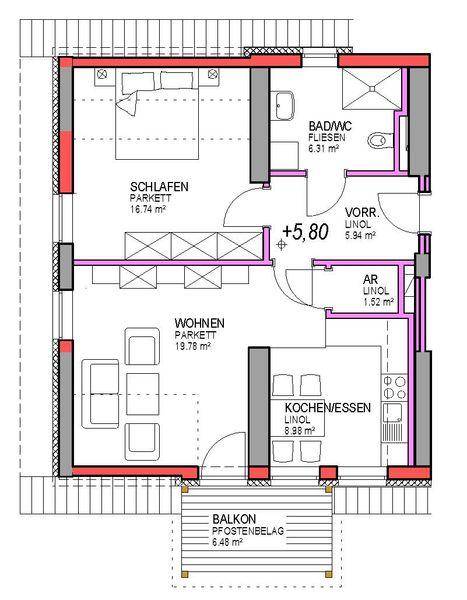 Grundriss einer Wohnung mit Schlafzimmer, Wohnzimmer, Küche, Bad und Balkon.