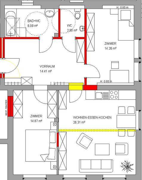 Grundriss einer Wohnung mit drei Zimmern, Bad und offenem Wohn-Ess-Kochbereich.