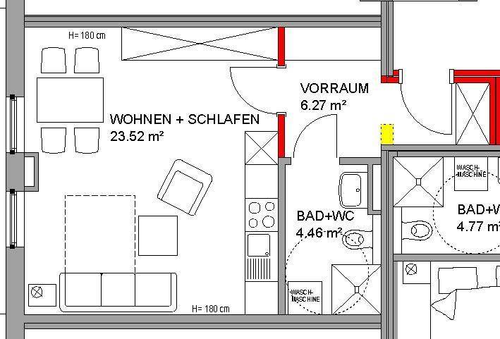 Grundriss einer Wohnung mit offenem Wohn- und Schlafbereich, zwei Bädern und Balkon, inklusive Flächenangaben.