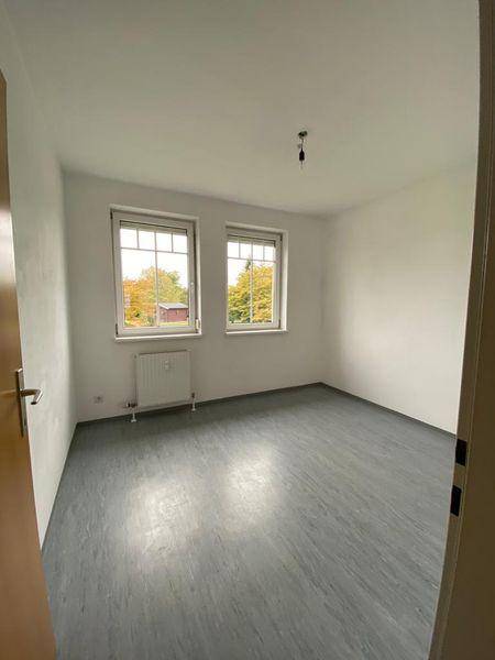 Leeres Schlafzimmer mit zwei Fenstern, grauem Vinylboden und viel Tageslicht.