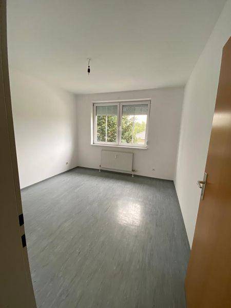 Heller, leerer Raum mit grauem Vinylboden und einem Fenster mit Blick ins Grüne.