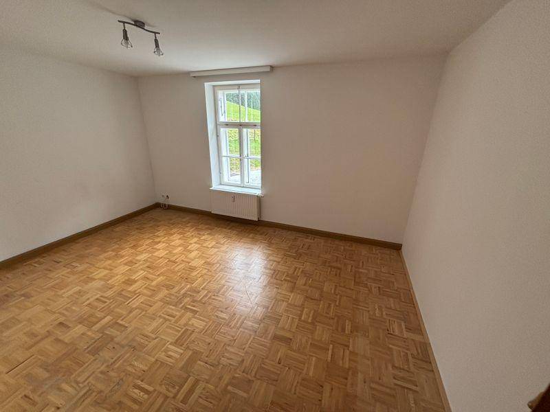 Helles, leeres Zimmer mit Parkettboden und einem großen Fenster, das viel Tageslicht hereinlässt.