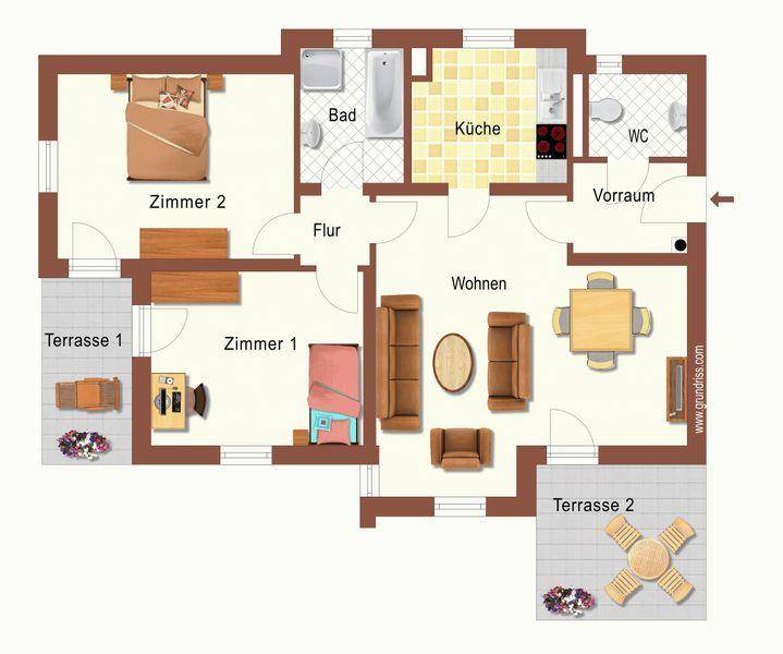 Detaillierter Grundriss einer Wohnung mit zwei Terrassen, Schlafzimmern und offenem Wohnbereich.