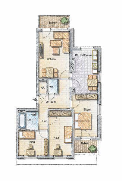 Detaillierter Grundriss der Wohnung mit Wohn-, Ess- und Schlafbereichen sowie zwei Balkonen.