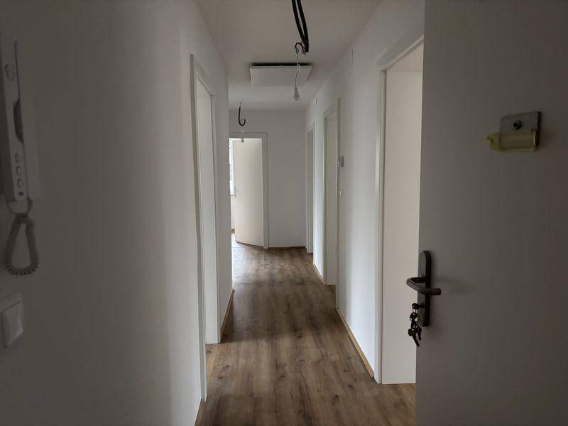 Langer Flur mit Laminatboden und mehreren Türen zu den angrenzenden Räumen.
