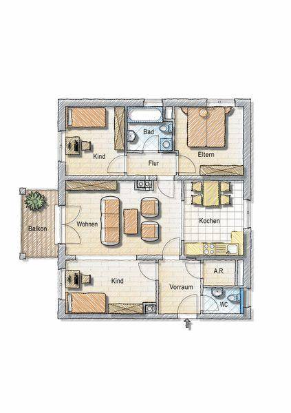 Grundriss einer Wohnung mit drei Schlafzimmern, separater Küche, Wohnzimmer und Balkon.