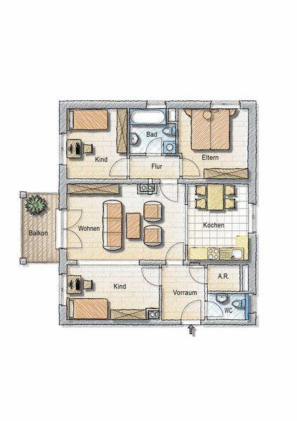 Grundriss einer Wohnung mit drei Schlafzimmern, separater Küche, Wohnzimmer und Balkon.