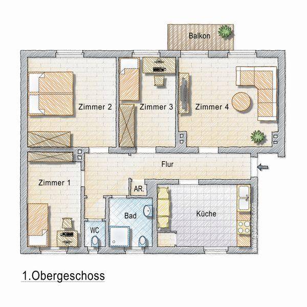 Grundriss des ersten Obergeschosses mit vier Zimmern, Küche, Bad und Balkon.