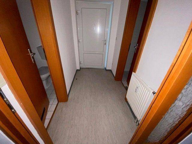 Schmaler Flur mit mehreren Holztüren und einem Heizkörper, der zu verschiedenen Räumen führt.