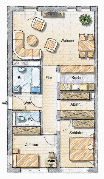 Detaillierter Grundriss einer Wohnung mit Wohnzimmer, Küche, Bad, WC und zwei weiteren Zimmern.