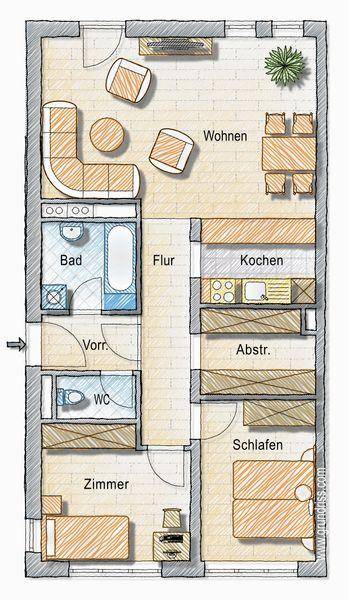 Detaillierter Grundriss einer Wohnung mit Wohnzimmer, Küche, Bad, WC und zwei weiteren Zimmern.