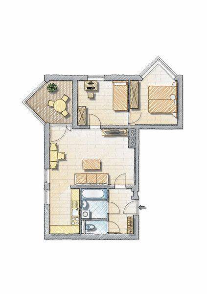 Detaillierter Grundriss einer Wohnung mit Terrasse, zwei Schlafzimmern und offenem Wohnbereich.