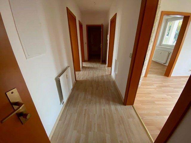 Heller Flur mit mehreren Holztüren und durchgehendem Laminatboden in Holzoptik.