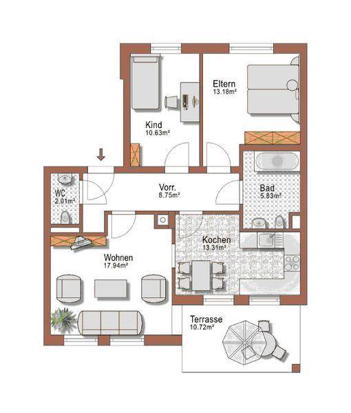 Grundriss der Wohnung mit drei Schlafzimmern, Bad, WC und Terrasse.