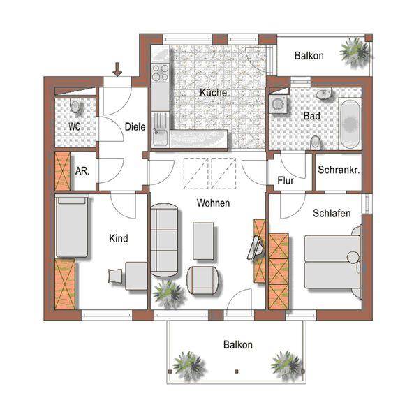Grundriss einer Wohnung mit drei Zimmern, Küche, Bad, separatem WC und zwei Balkonen.