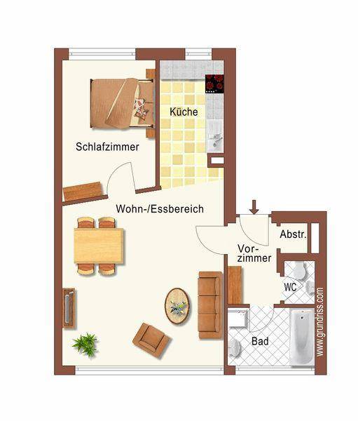Grundriss einer Wohnung mit Schlafzimmer, Wohn-/Essbereich, Küche und Bad.