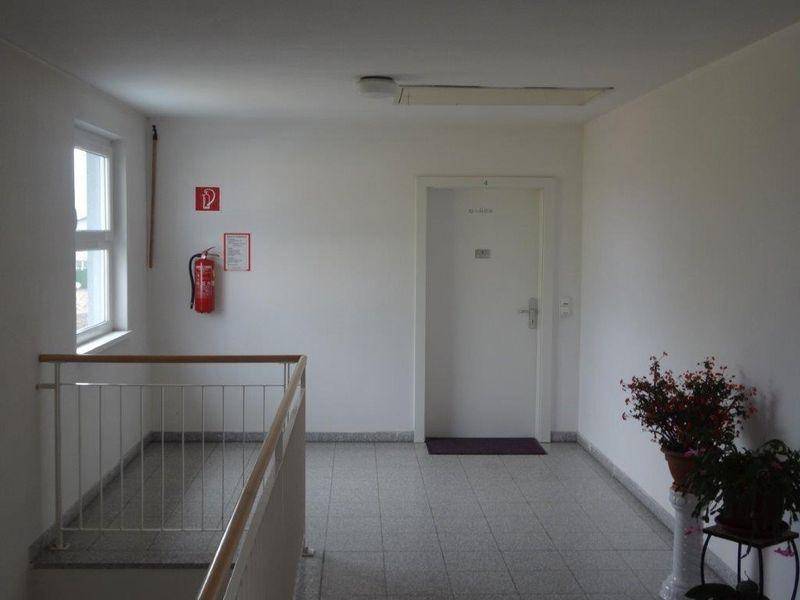 Heller Hausflur mit Treppenaufgang, Fenster und einer Wohnungstür.