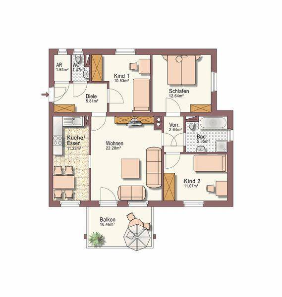 Detaillierter Grundriss einer Wohnung mit drei Zimmern, Küche, Bad und Balkon.