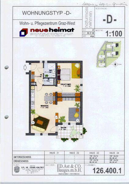 Detaillierter Grundriss einer Wohnung mit Schlafzimmer, Wohnküche und Balkon.