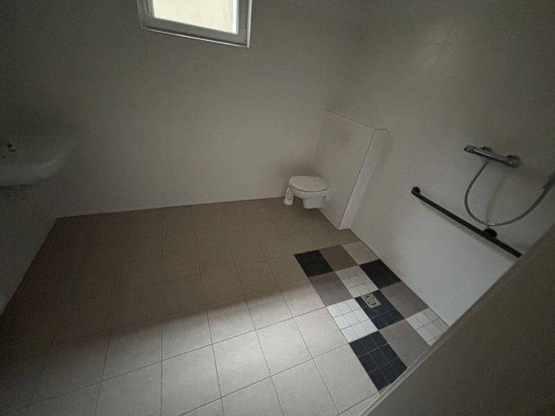 Barrierefreies Badezimmer mit Dusche, WC, Waschbecken und Haltegriffen am Duschbereich.